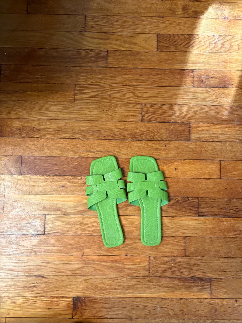 Neon Green Slide Sandals with Woven Strap